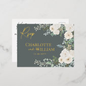 Rustieke witte rozen groen moderne botanische RSVP Folie Uitnodiging Briefkaart (Voorkant / Achterkant)