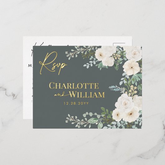 Rustieke witte rozen groen moderne botanische RSVP Folie Uitnodiging Briefkaart (Voorkant / Achterkant)