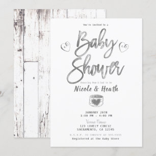 Rustieke Witte Schuur Hout Zilver Baby Shower Kaart