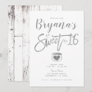 Rustieke Witte Schuur Hout Zilveren Sweet 16 Feest Kaart