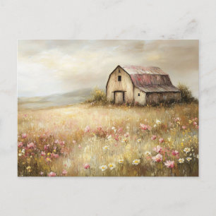 Rustieke Witte Schuur Wildflower Field Painting Briefkaart