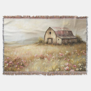 Rustieke Witte Schuur Wildflower Field Painting Deken