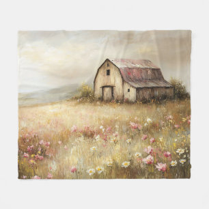 Rustieke Witte Schuur Wildflower Field Painting Fleece Deken