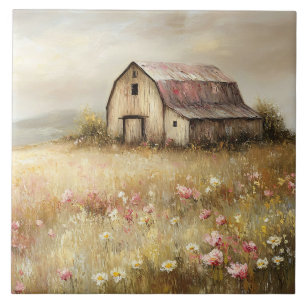 Rustieke Witte Schuur Wildflower Field Painting Tegeltje