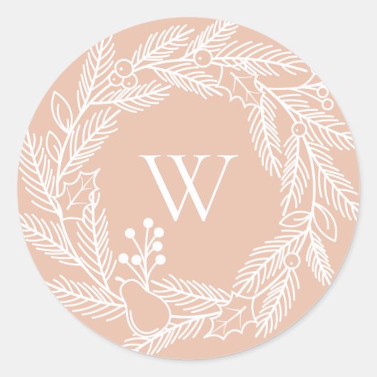 Rustieke witte winter krans Monogram Blush Ronde Sticker (Voorkant)