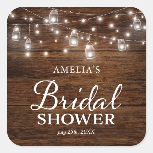 Rustieke Wood Mason Jars en Lights Vrijgezellenfee Vierkante Sticker (Voorkant)