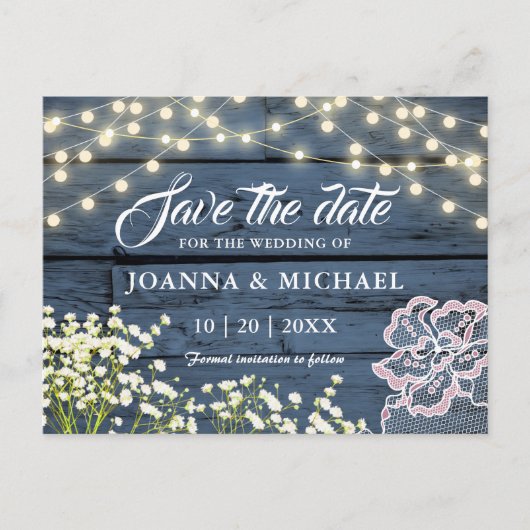 Rustieke Wood Navy Blue String Lights Save the Dat Briefkaart (Voorkant)