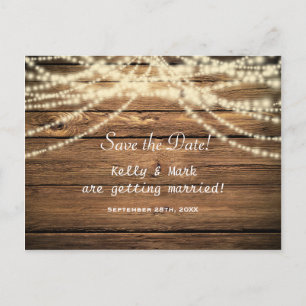 Rustieke Wood & String Lights Save The Date Briefk Aankondigingskaart