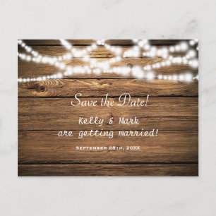 Rustieke Wood & String Lights Save The Date Briefk Aankondigingskaart