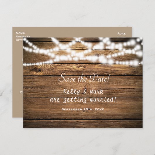 Rustieke Wood & String Lights Save The Date Briefk Aankondigingskaart (Voorkant / Achterkant)