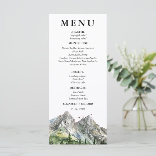 Rustieke Woodland Mountain Forest Pine Wedding Menu (Staand voorkant)