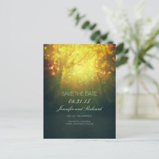 Rustieke Woodland Tree Lights Save The Date Aankondigingskaart (Staand voorkant)