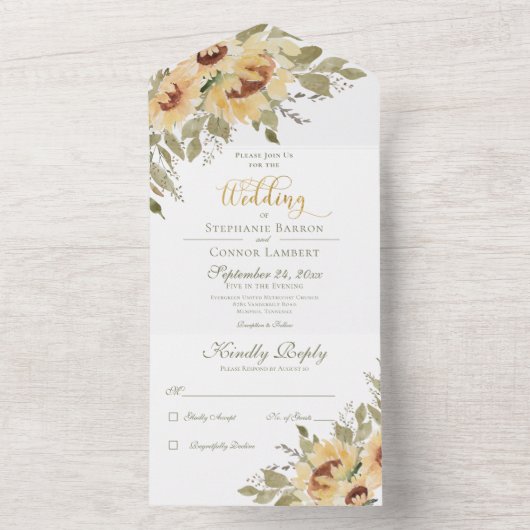 Rustieke zachte gele zonnebloemen geen diner all in one uitnodiging (Binnen)
