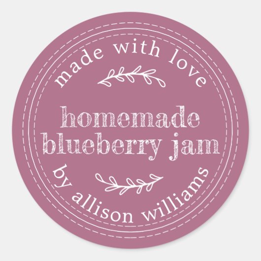 Rustieke zelfgemaakte bosbessenjam inmaken paars ronde sticker (Voorkant)