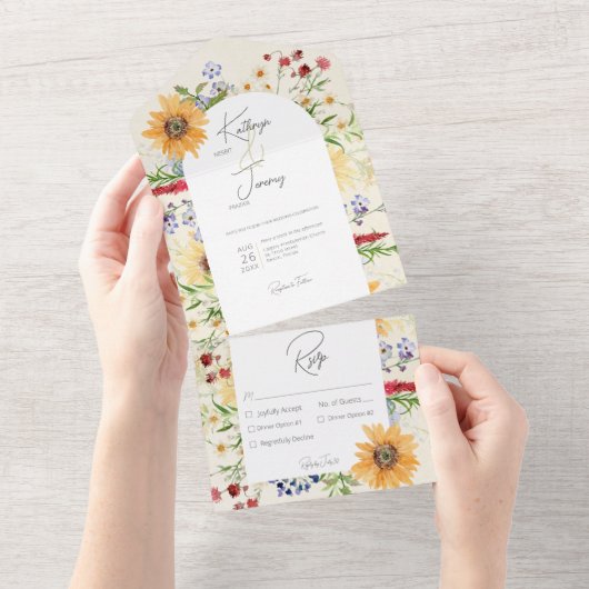 Rustieke Zomer Wildbloemen Zonnebloemen Cream Dine All In One Uitnodiging (Afscheurbaar)