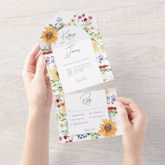 Rustieke Zomer Wildbloemen Zonnebloemen Wit diner All In One Uitnodiging (Afscheurbaar)