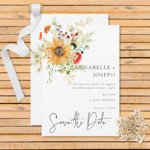Rustieke zomerse wilde bloemen en zonnebloemen save the date