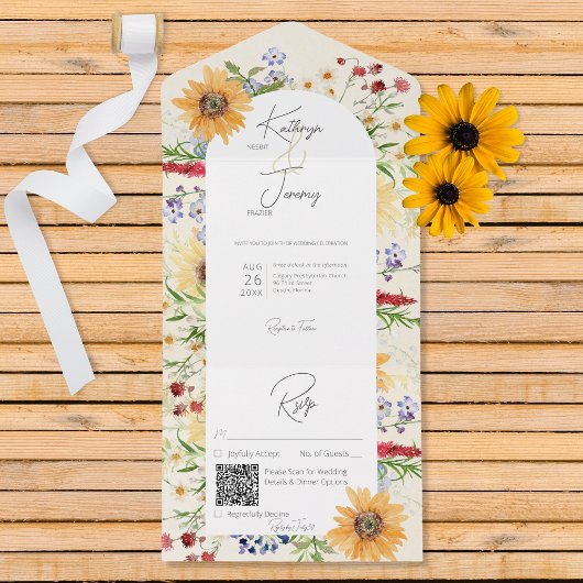 Rustieke zomerse wilde bloemen zonnebloemen Crème  All In One Uitnodiging