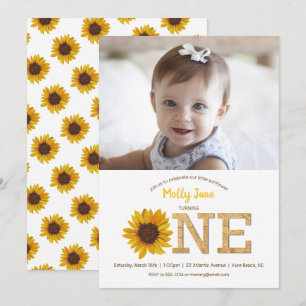 Rustieke Zonnebloem 1e Verjaardag Meisje Foto Kaart