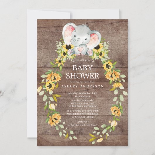 Rustieke Zonnebloem & Baby Olifant Meisjes Baby Sh Kaart (Voorkant)