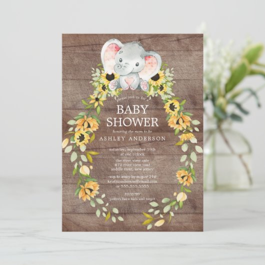 Rustieke Zonnebloem & Baby Olifant Meisjes Baby Sh Kaart (Staand voorkant)