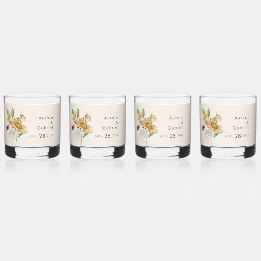Rustieke Zonnebloem Beige Bruiloft Bruidsfeest Whisky Glas (Voorkant)