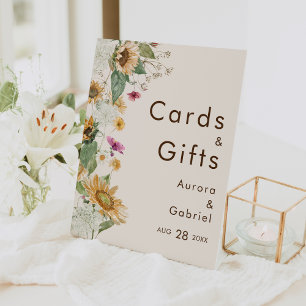 Rustieke Zonnebloem Beige Bruiloft Kaarten en Gesc Reclamebord Met Voetstuk