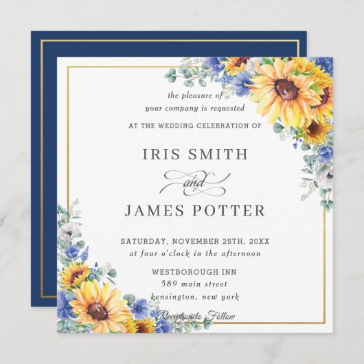 Rustieke Zonnebloem Blauw Bloemen Goud Trouwplein Kaart (Voorkant / Achterkant)