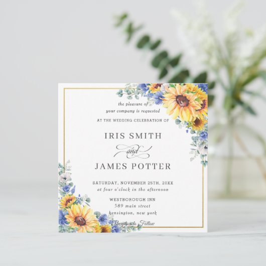 Rustieke Zonnebloem Blauw Bloemen Goud Trouwplein Kaart (Staand voorkant)