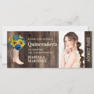 Rustieke zonnebloem blauwe roos laars Quinceañera  Kaart
