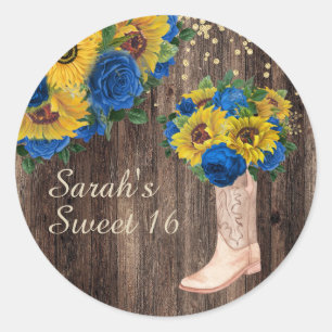 Rustieke Zonnebloem Blauwe Rozen Laarzen Sweet 16  Ronde Sticker