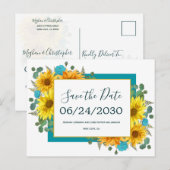 Rustieke Zonnebloem Blauwgroen Rozen Bruiloft Save Aankondigingskaart (Voorkant / Achterkant)