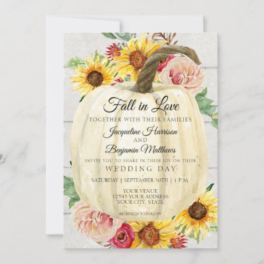 Rustieke zonnebloem bloem wit pompoen shiplap hout kaart (Voorkant)