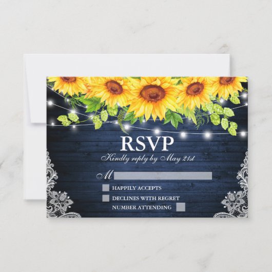 Rustieke Zonnebloem Bloemen Blauwe Houten Lichten RSVP Kaartje (Voorkant)