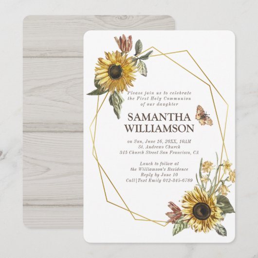 Rustieke Zonnebloem Bloemen Eerste Communie Uitnod Kaart (Voorkant / Achterkant)