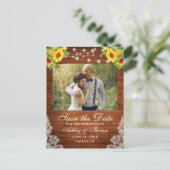 Rustieke Zonnebloem Bloemen Hout Lichten Kant Foto Aankondigingskaart (Staand voorkant)