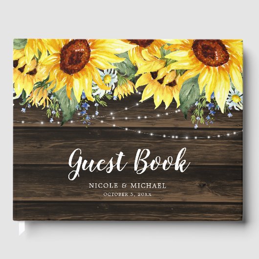 Rustieke Zonnebloem Bloemen String Lights Bruiloft Gastenboek (Voorkant)