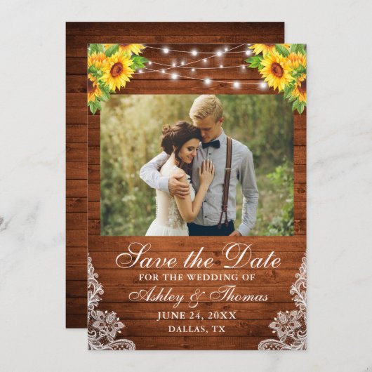 Rustieke Zonnebloem Bloemstuk Houten Slingerlichte Save The Date (Voorkant / Achterkant)