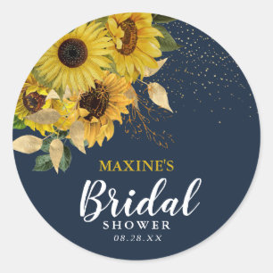 Rustieke Zonnebloem Bruiloft in Navy & Goud Ronde Sticker