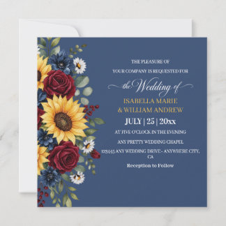 Rustieke Zonnebloem Burgundy Navy Blauwe Trouw Kaart