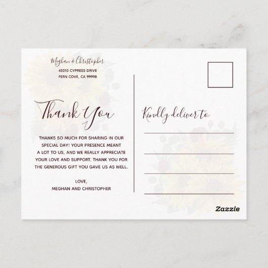 Rustieke zonnebloem chique rode rozen bruiloft dan briefkaart (Achterkant)