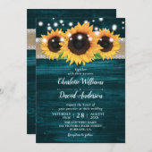 Rustieke zonnebloem en Blauwgroen bruiloft uitnodi Kaart (Voorkant / Achterkant)