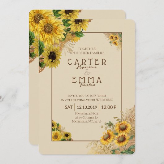 Rustieke Zonnebloem en Kant Beige Country bruiloft Kaart (Voorkant / Achterkant)