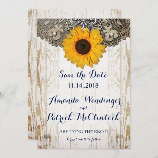 Rustieke Zonnebloem en Kant Save the Date (Voorkant / Achterkant)