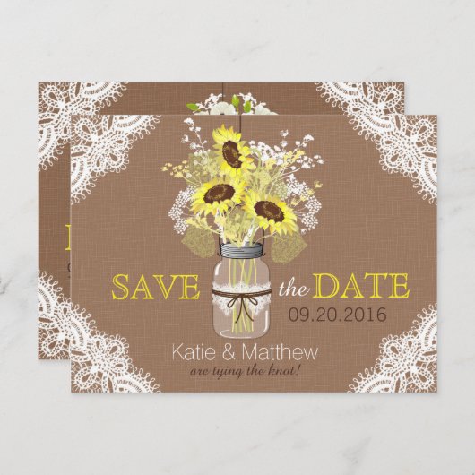 Rustieke Zonnebloem en Kant Save the Date Aankondigingskaart (Voorkant / Achterkant)
