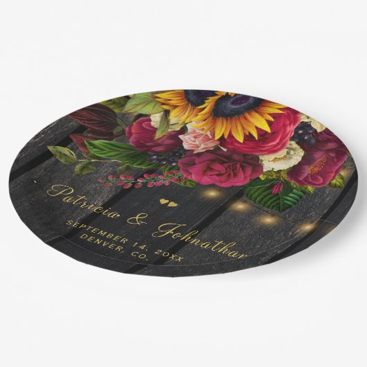 Rustieke zonnebloem en rozen aangepaste bruiloft papieren bordje (Gekanteld)