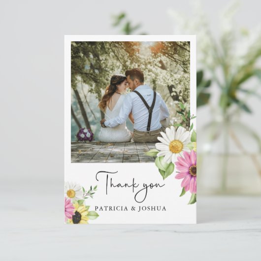 Rustieke Zonnebloem Foto bruiloft Dank u kaart (Staand voorkant)