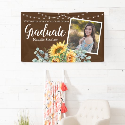 Rustieke Zonnebloem Foto String Lights Afstuderen Spandoek (Insitu)