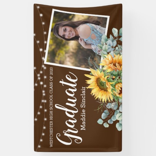 Rustieke Zonnebloem Foto String Lights Afstuderen Spandoek (Verticaal)