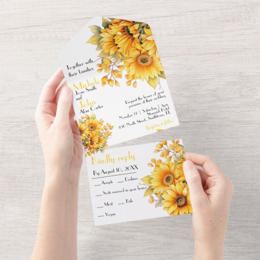 Rustieke zonnebloem, gele bruiloft all in one uitnodiging (Afscheurbaar)